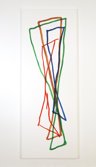 This image is of an abstract painting by Sjak Marks.  The 2006 piece uses organic intersecting lines of ink and paint on canvas to create an animated freely rendered work.  There is an implied geometry and motion in the gesture of pure color of the line.  Titled Approach it is 108 inches tall by 40 inches wide.  