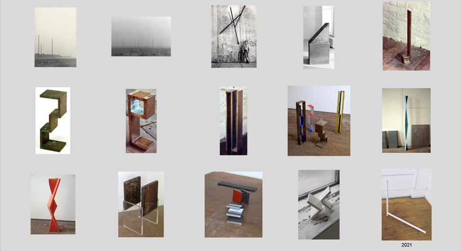 This photograph shows a selection of standing sculptures by the artist Sjak Marks.  The art works cover a period form early in his career to the present and provide links to larger images and more detailed information.